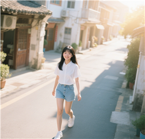 乡村道路白色衬衫牛仔短裤美女摄影图片